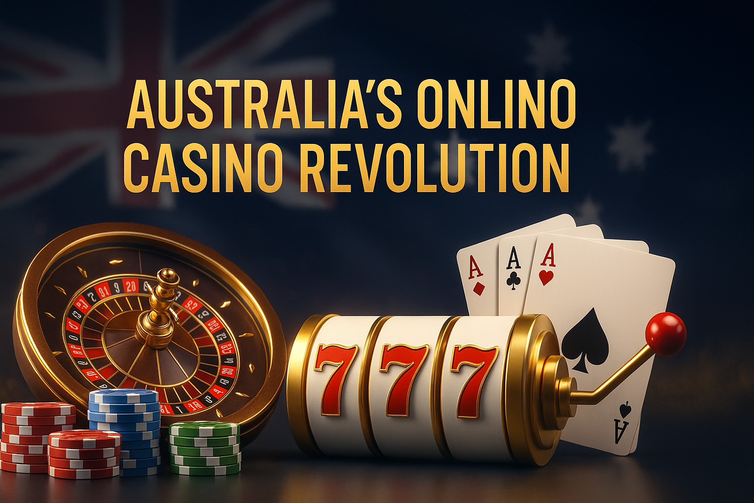 High-resolution banner image showing roulette wheel, poker chips, slot machine reel with triple sevens, and a fan of aces under the headline “Australia’s Online Casino Revolution” against an Australian flag background in gold and navy tones.