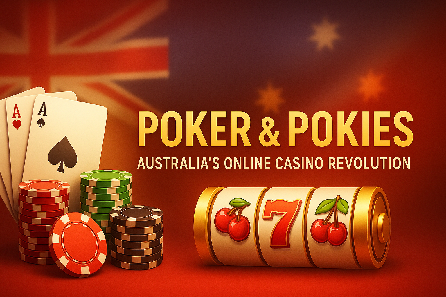 High-resolution banner showing poker cards, casino chips, and a slot machine reel with the text “Poker & Pokies: Australia’s Online Casino Revolution” over an Australian flag background.